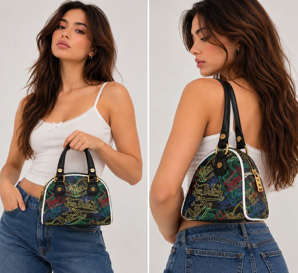 Von Dutch Black Rainbow Logo Mini Bowling Bag NWT